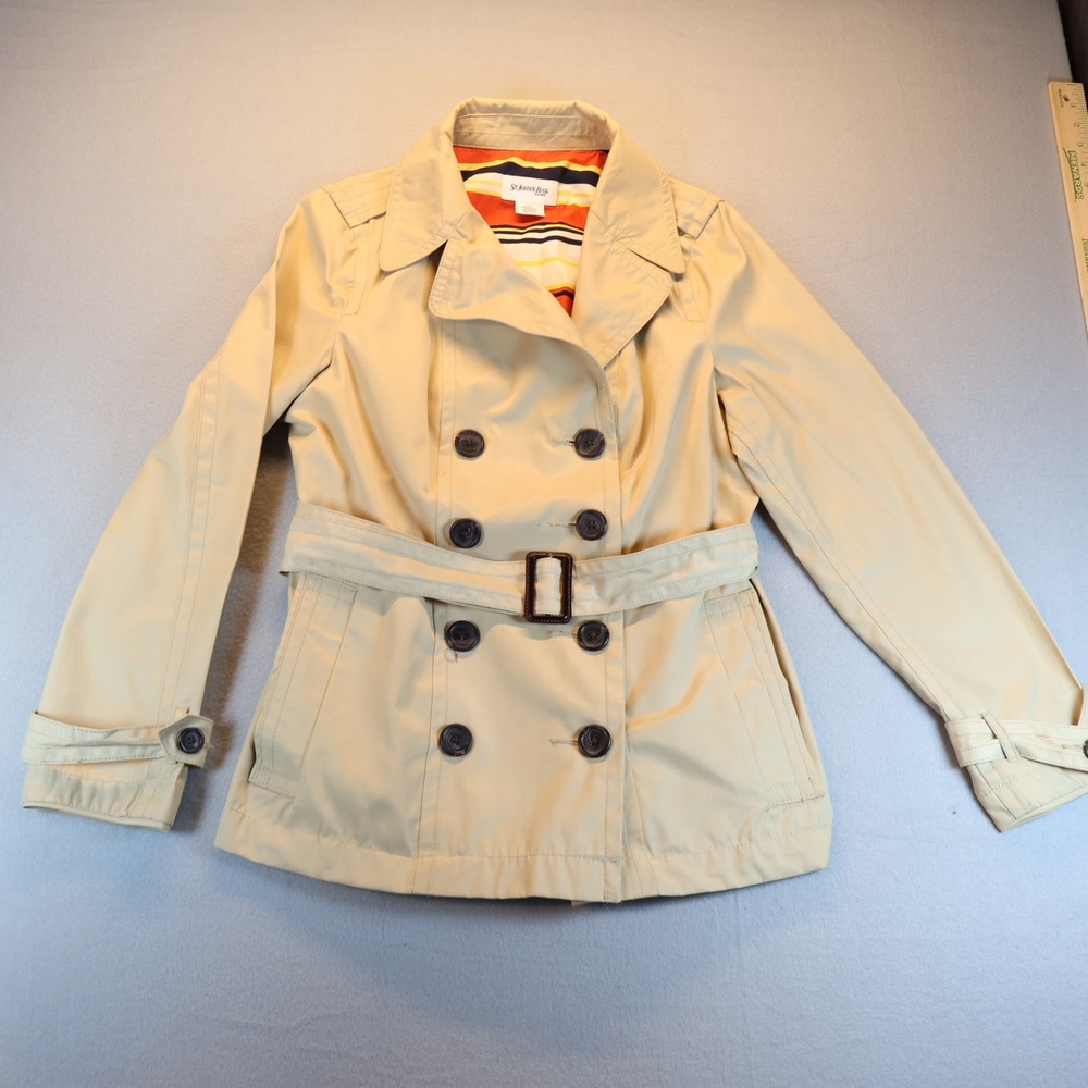 St Johns Bay Womens Tan Khaki Trench Coat Short Belted Double Breasted Large